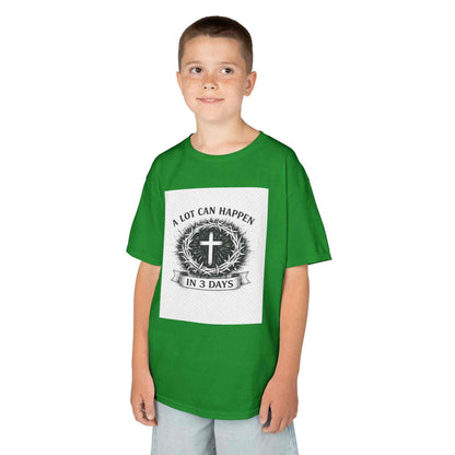 Kids Tee with vintage cross wreath and "A Lot Can Happen in 3 Days" faith-based design on soft cotton shirt