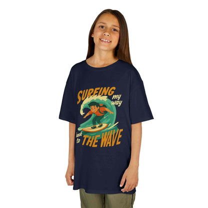 Kids Surfing The Wave T-Shirt with vintage surf graphic and vibrant colors