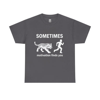 Funny Motivation T-Shirt – “Sometimes Motivation Finds You” Tiger Chase Running Tee for Fitness & Gym Lovers