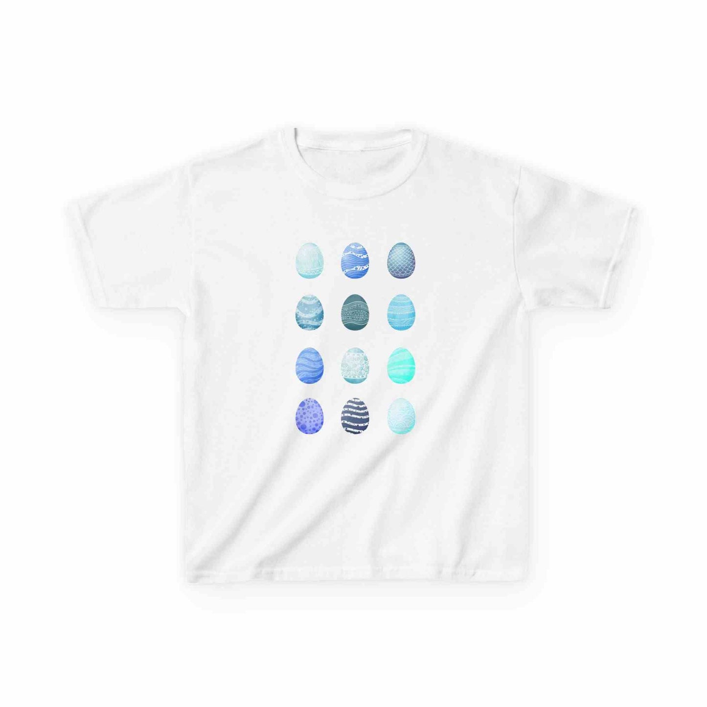 Kids tee with blue watercolor egg pattern on white cotton fabric