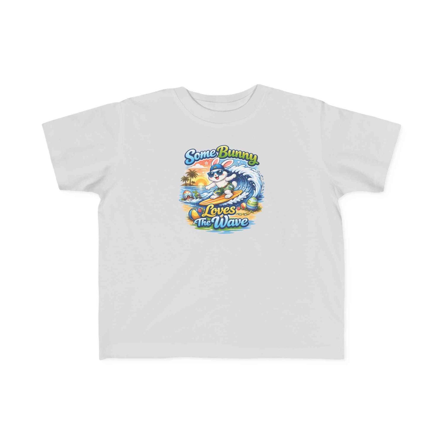 Toddler tee with surf bunny graphic and "Some Bunny Loves The Wave" text, soft cotton beach shirt for kids