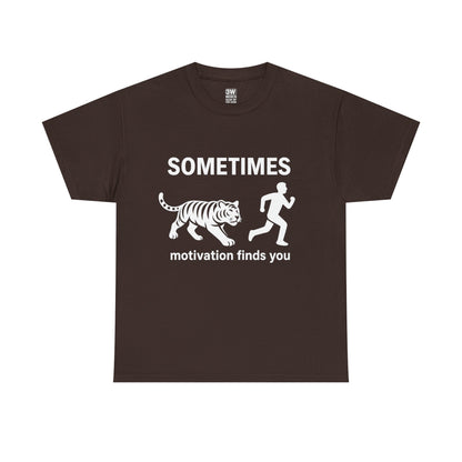 Funny Motivation T-Shirt – “Sometimes Motivation Finds You” Tiger Chase Running Tee for Fitness & Gym Lovers