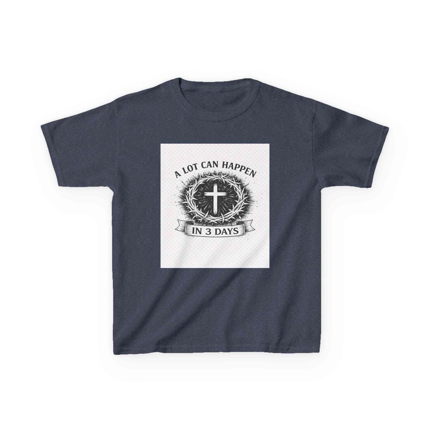 Kids tee with vintage cross and "A Lot Can Happen in 3 Days" design on soft cotton fabric