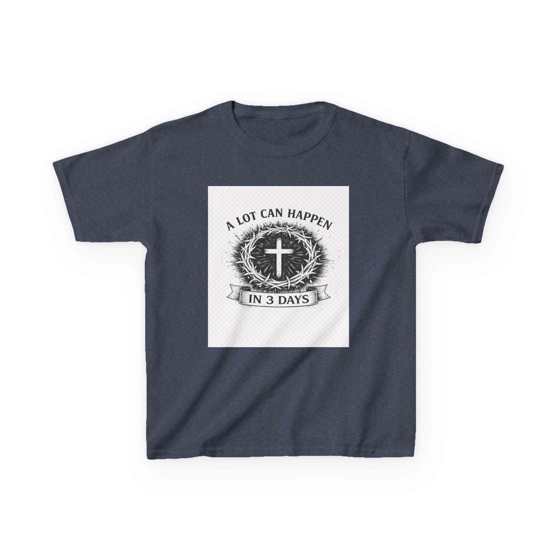 Kids tee with vintage cross and "A Lot Can Happen in 3 Days" design on soft cotton fabric