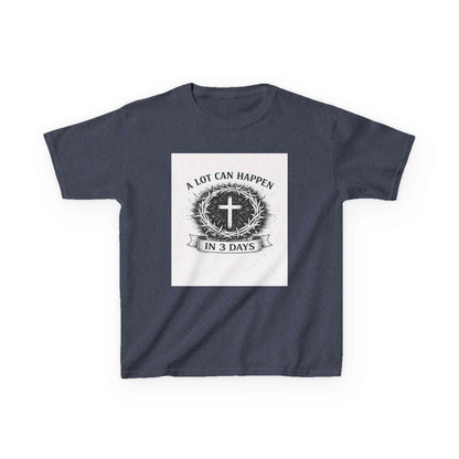 Kids tee with vintage cross and "A Lot Can Happen in 3 Days" design on soft cotton fabric