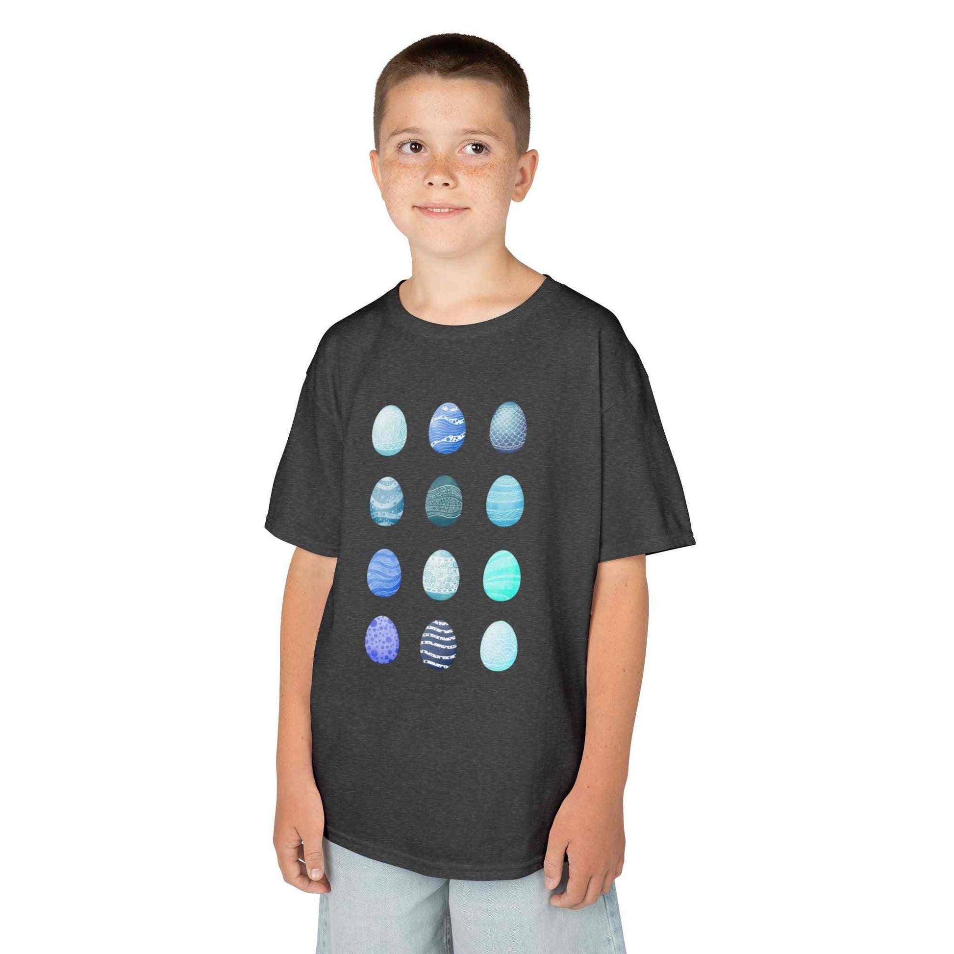 Kids tee with blue watercolor egg pattern on white cotton fabric