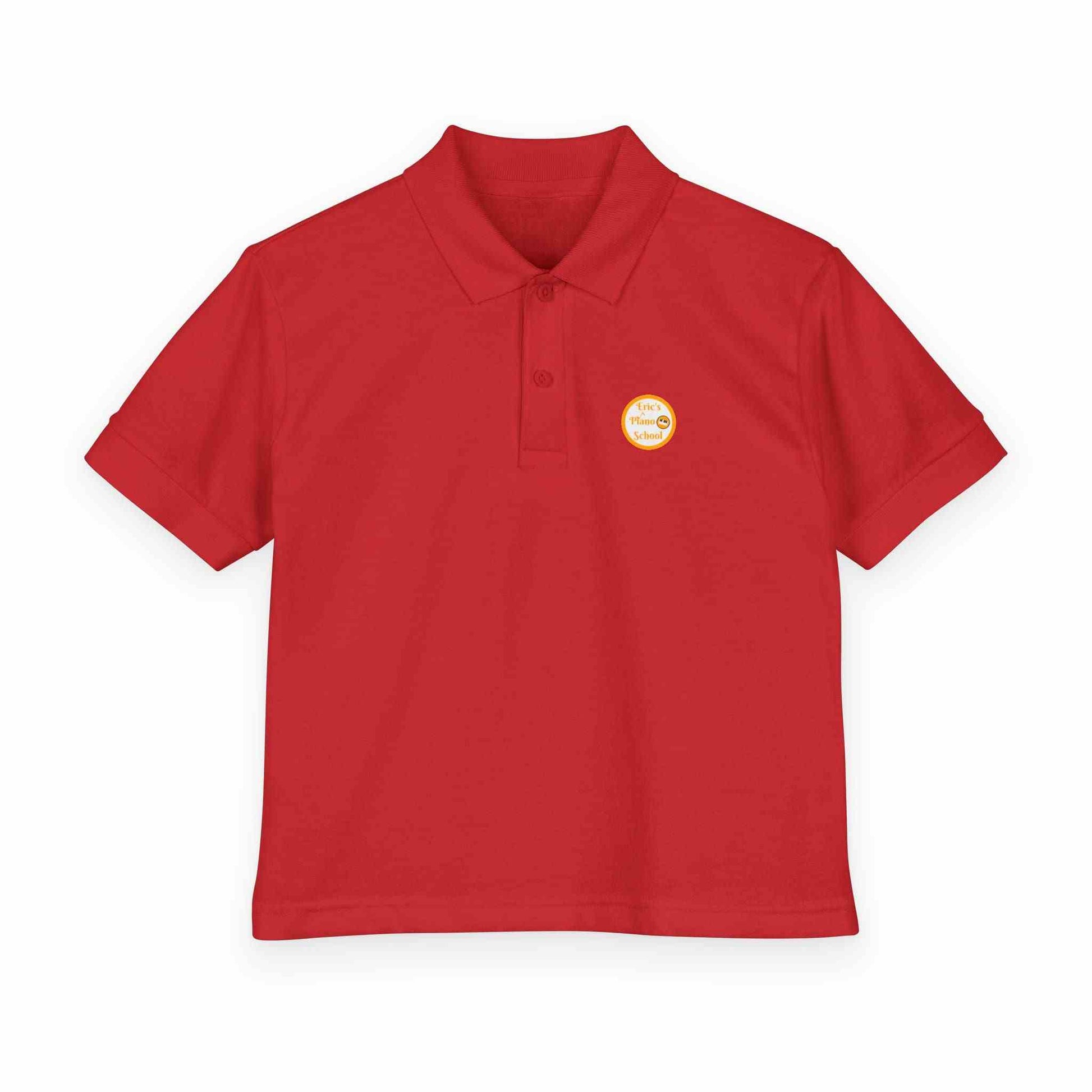 Gold youth polo shirt with Eric's Piano School logo for kids music lessons