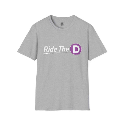Black "Ride The D" T-shirt with purple subway token graphic and white text