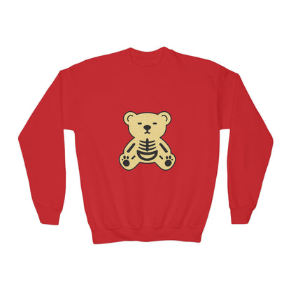 Cute Skeleton Teddy Youth Crewneck Sweatshirt, Kid's Sweatshirt, Fall Fashion, Spooky Season Gift, Halloween Apparel