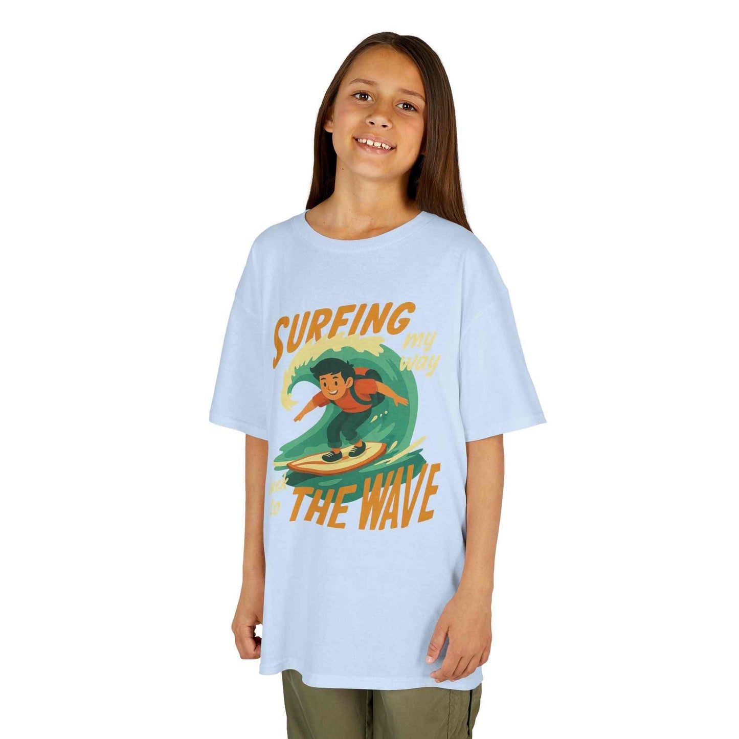 Kids Surfing The Wave T-Shirt with retro surfer graphic and vibrant colors on soft cotton fabric
