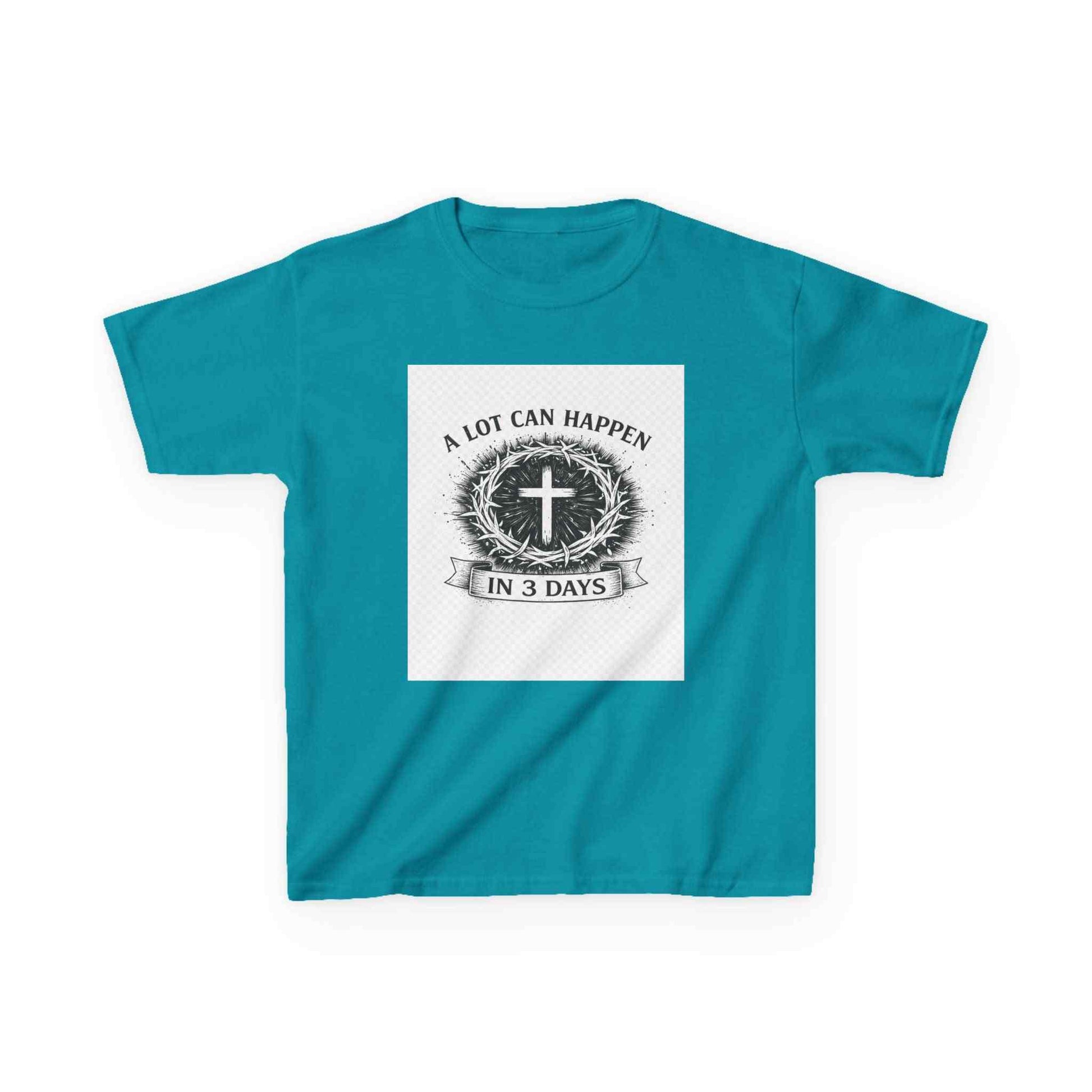 Kids Tee with vintage cross design and faith-based message on soft midweight cotton