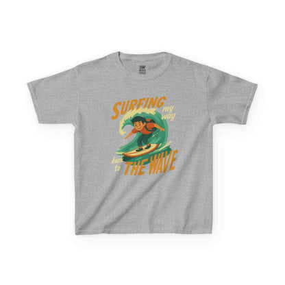 Kids Surfing The Wave T-Shirt with retro surfer graphic and vibrant colors on soft cotton fabric