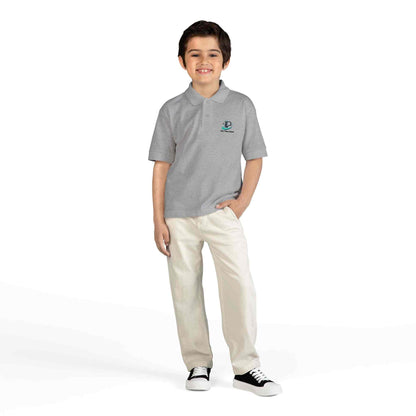 Youth polo shirt with small school logo and moisture-wicking DryBlend fabric