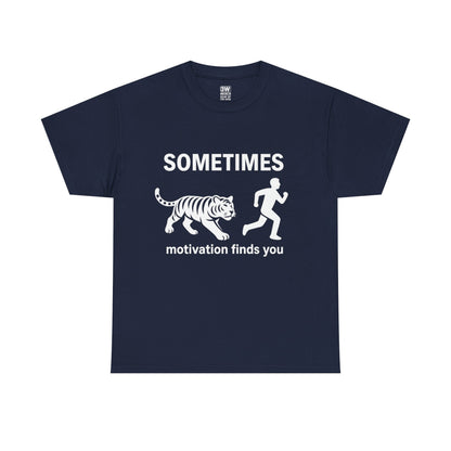 Funny Motivation T-Shirt – “Sometimes Motivation Finds You” Tiger Chase Running Tee for Fitness & Gym Lovers
