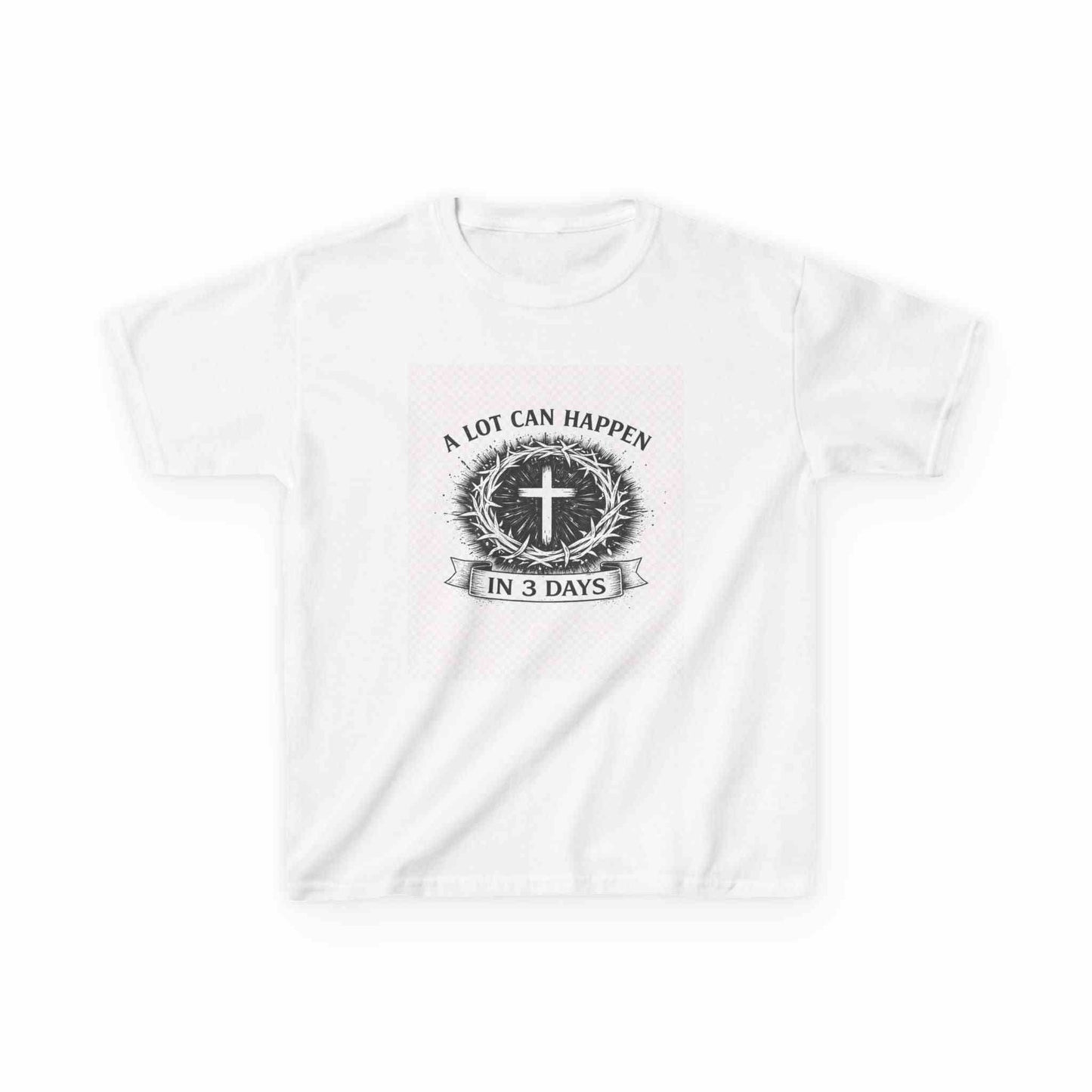 Kids tee with vintage Christian cross design and "A Lot Can Happen in 3 Days" message on soft midweight cotton