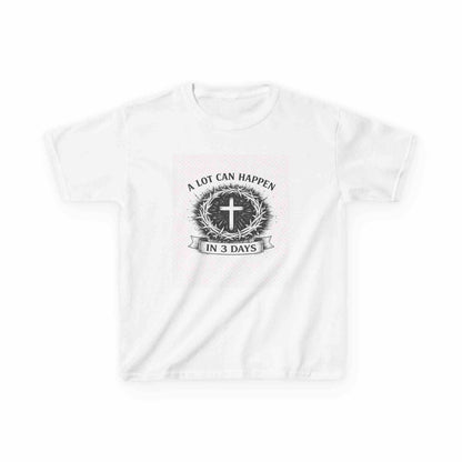 Kids tee with vintage Christian cross design and "A Lot Can Happen in 3 Days" message on soft midweight cotton