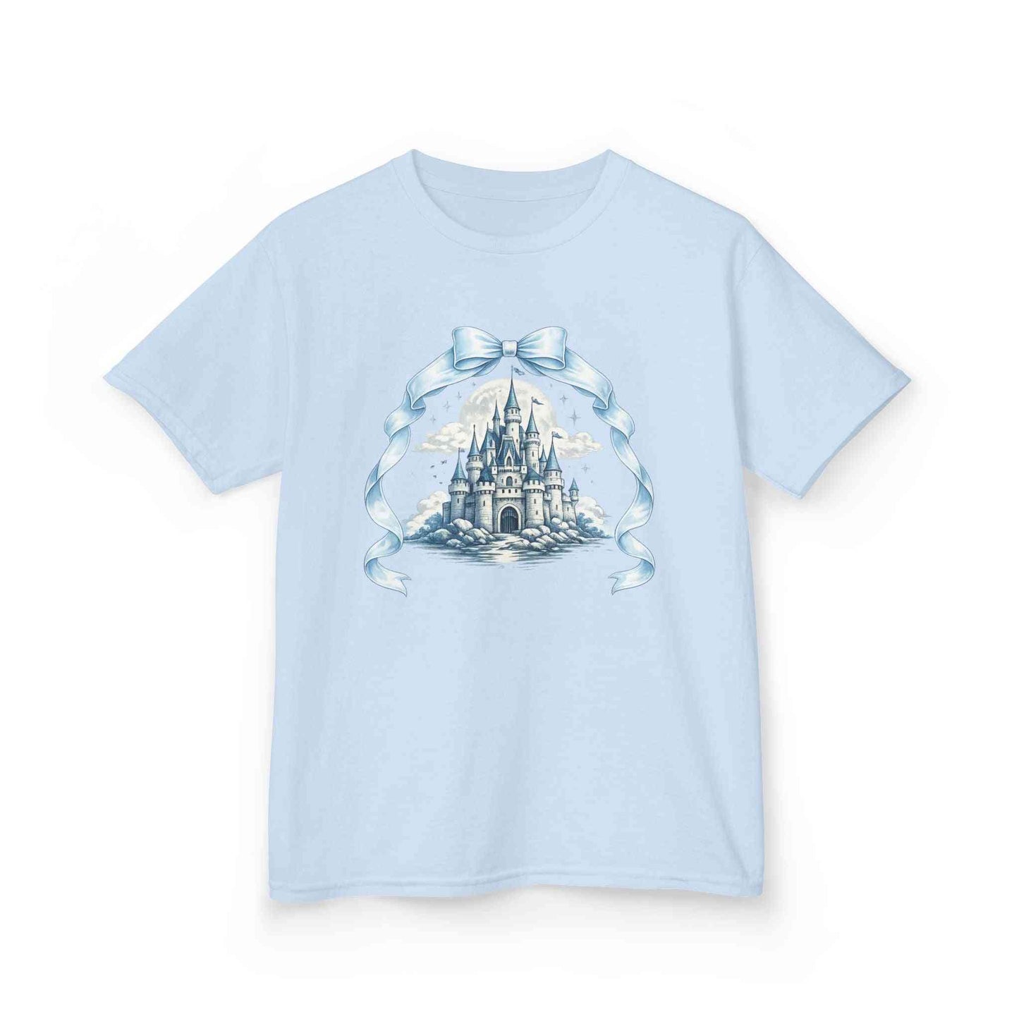 Blue Kids Castle T-shirt with whimsical fairytale design for children