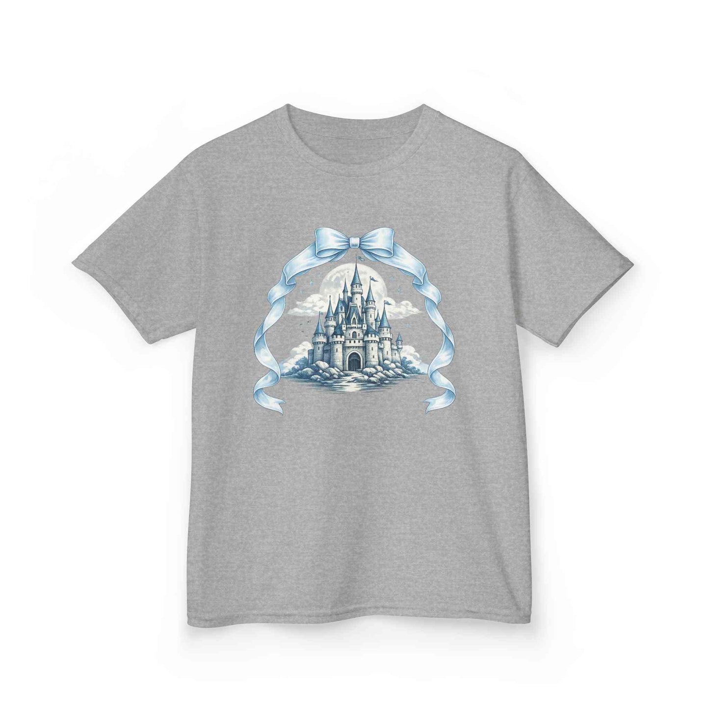 Blue Kids Castle T-shirt with whimsical fairytale design for children, made of soft breathable cotton