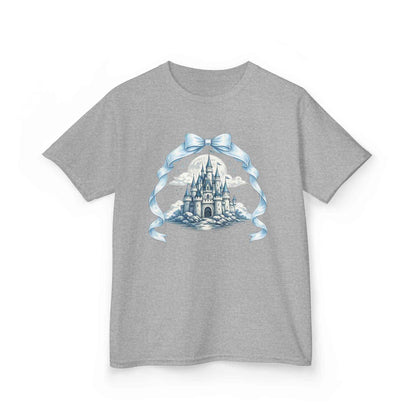 Blue Kids Castle T-shirt with whimsical fairytale design for children, made of soft breathable cotton