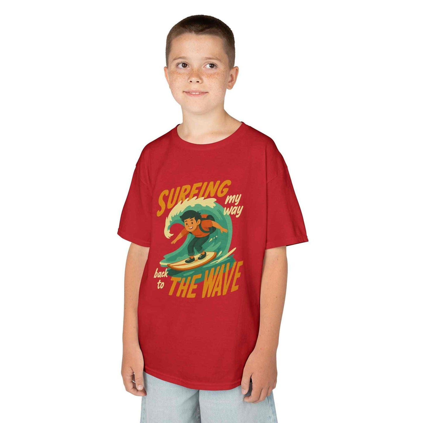 Kids Surfing The Wave T-Shirt with retro surfer graphic and vibrant colors