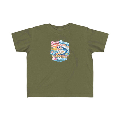 Cute bunny surfing Easter T-shirt with pastel eggs and sunset wave design titled Some Bunny Loves The Wave