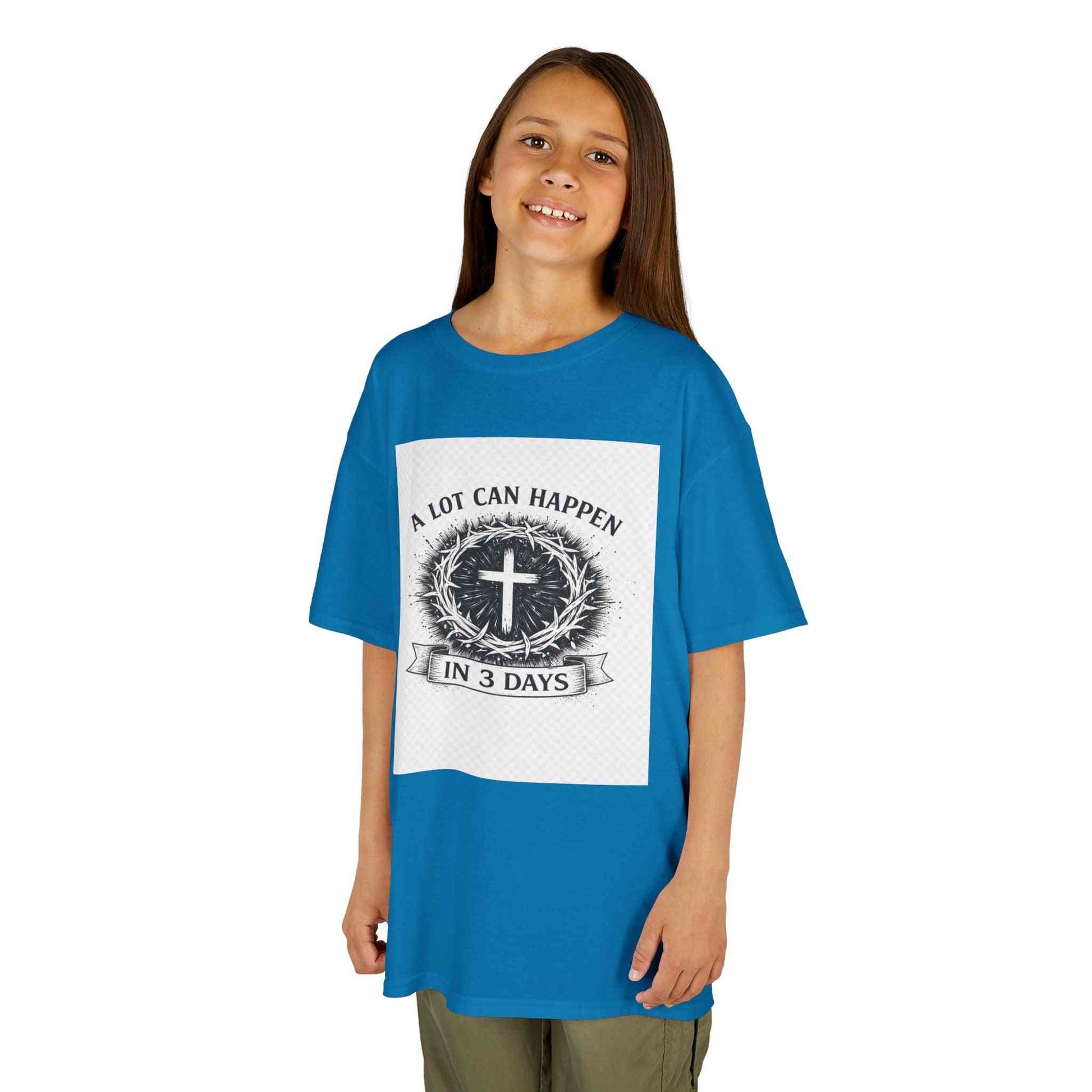 Kids tee with vintage cross and “A Lot Can Happen in 3 Days” faith design on soft breathable cotton
