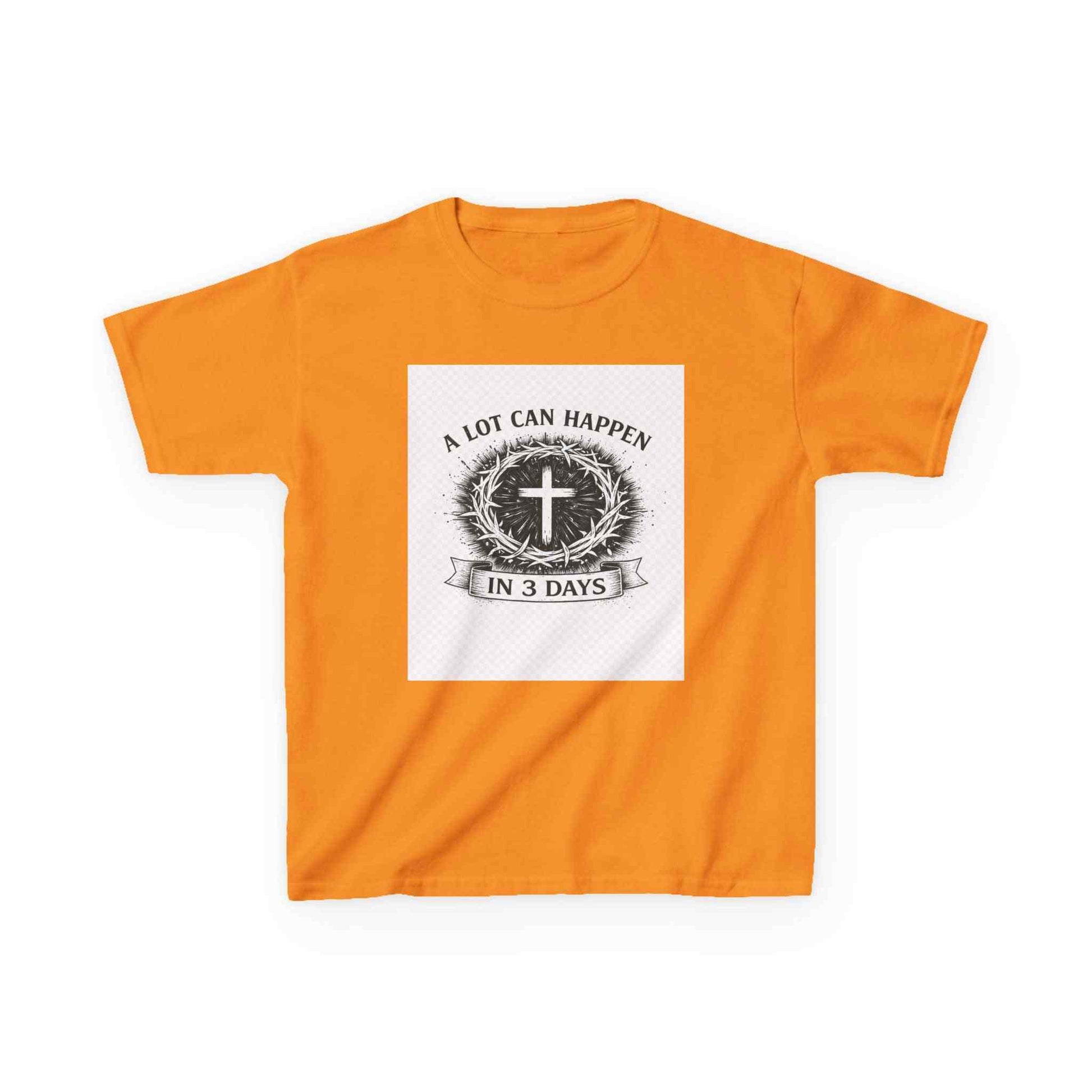 Kids tee with vintage cross and "A Lot Can Happen in 3 Days" faith design on soft midweight cotton