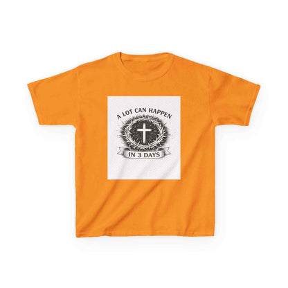 Kids tee with vintage cross and "A Lot Can Happen in 3 Days" faith design on soft midweight cotton