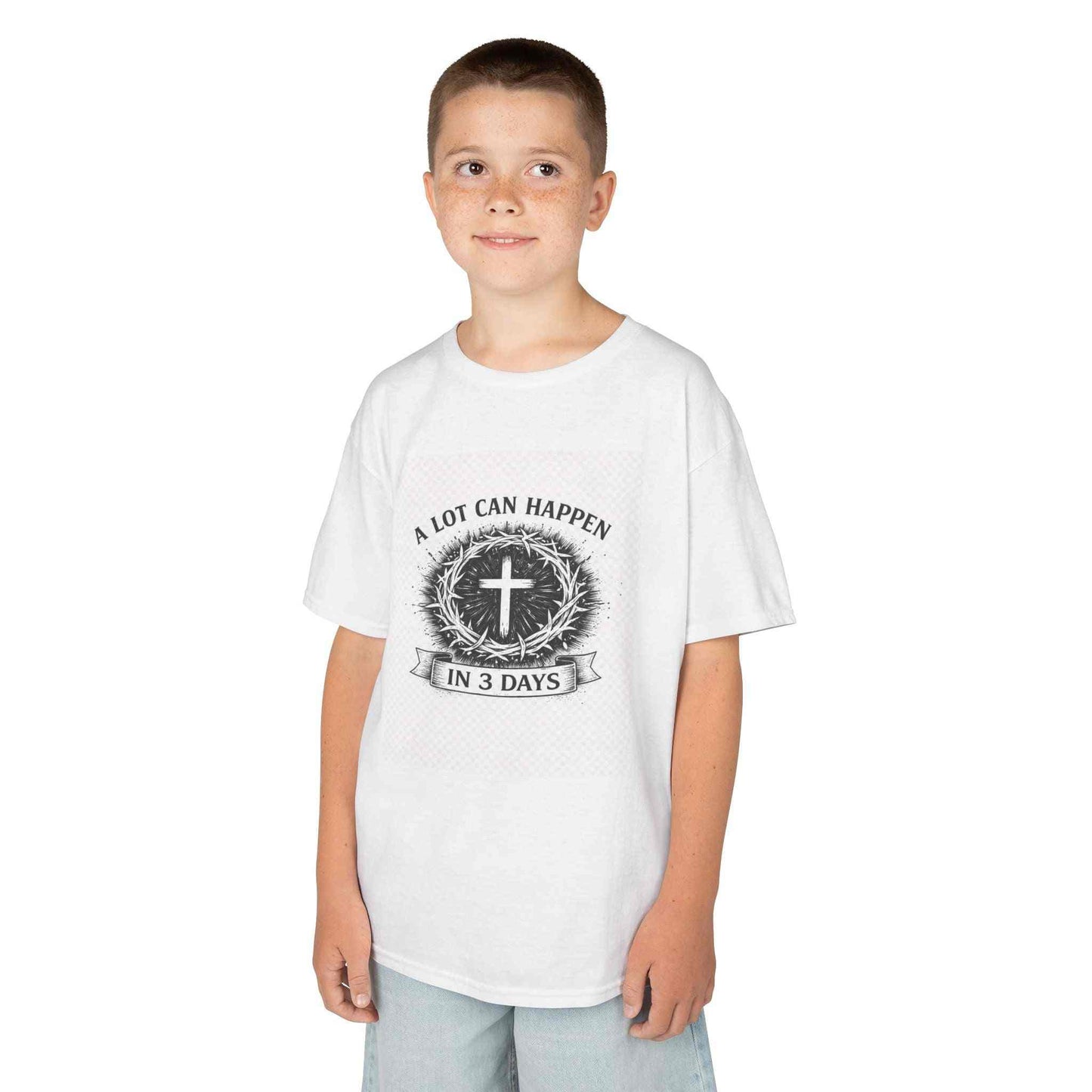 Kids tee with vintage cross and "A Lot Can Happen in 3 Days" design on soft cotton shirt