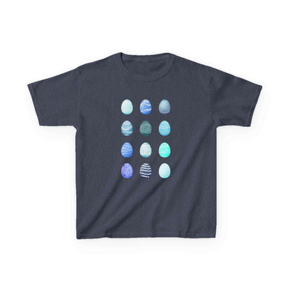 Kids tee with soft cotton and blue watercolor egg pattern on white background