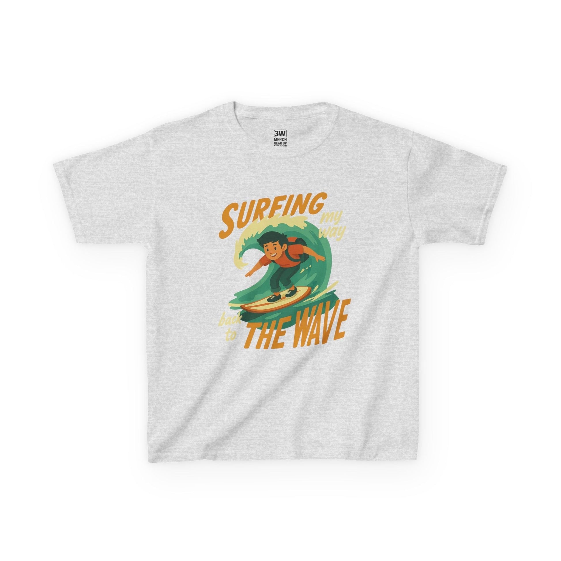 Kids Surfing The Wave T-Shirt with retro surfer graphic and vibrant colors on soft cotton fabric