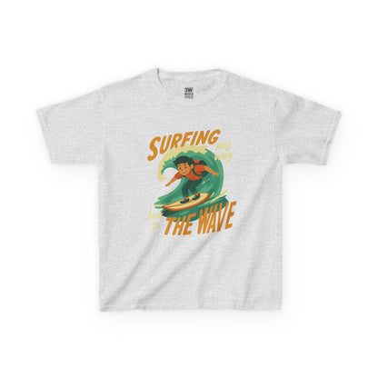 Kids Surfing The Wave T-Shirt with retro surfer graphic and vibrant colors on soft cotton fabric