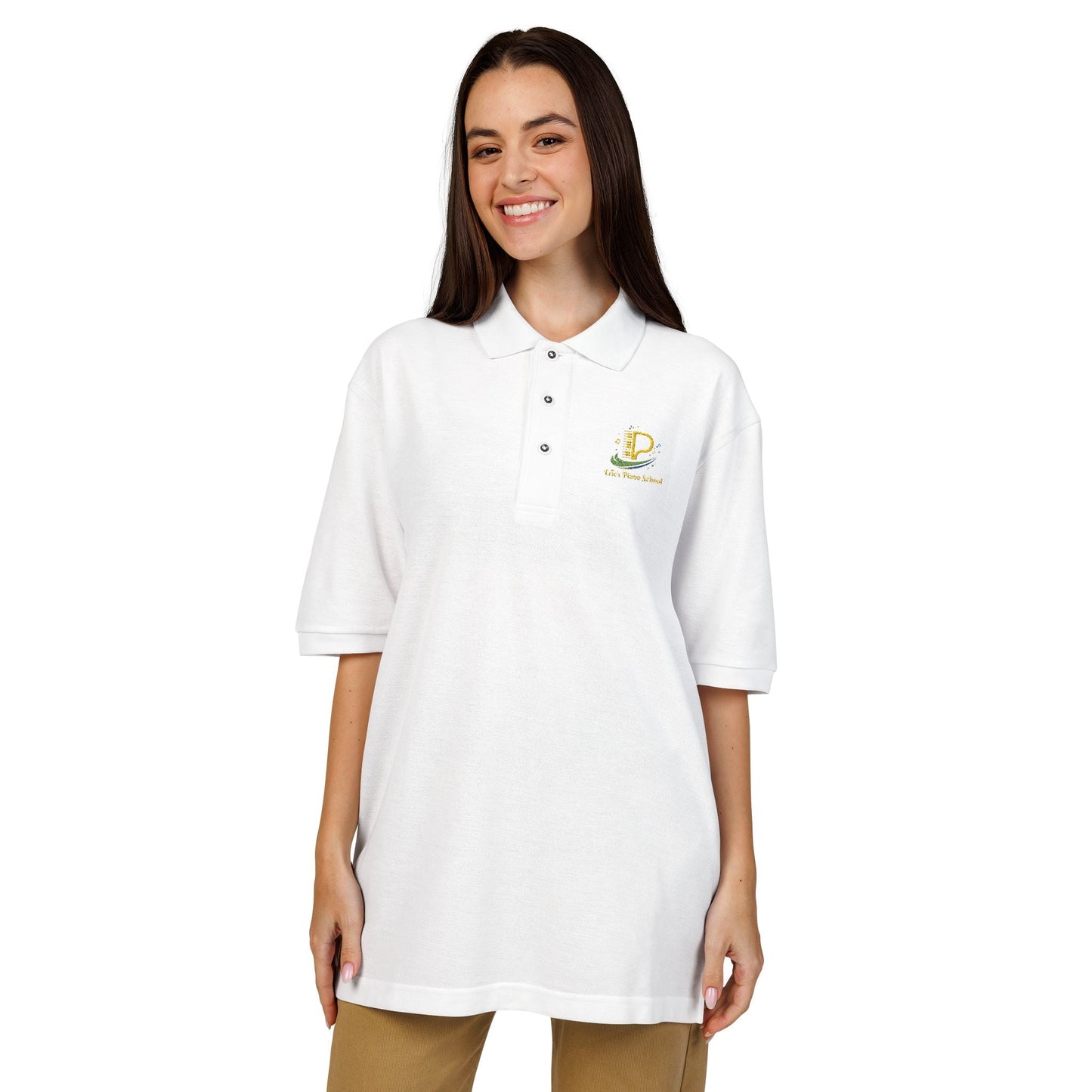 Lightweight embroidered crest polo shirt with relaxed fit and metal buttons