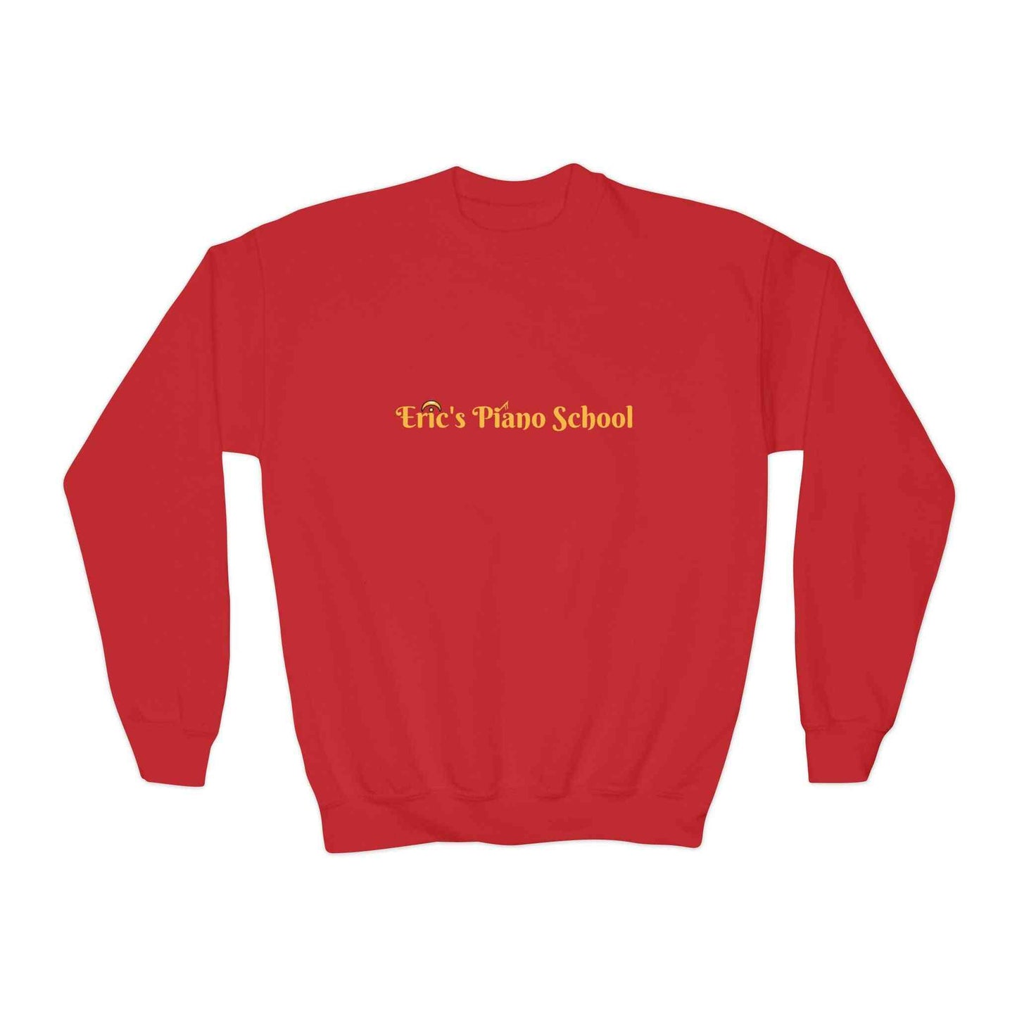 Youth sweatshirt crewneck with piano school emblem, cozy midweight fabric for kids.