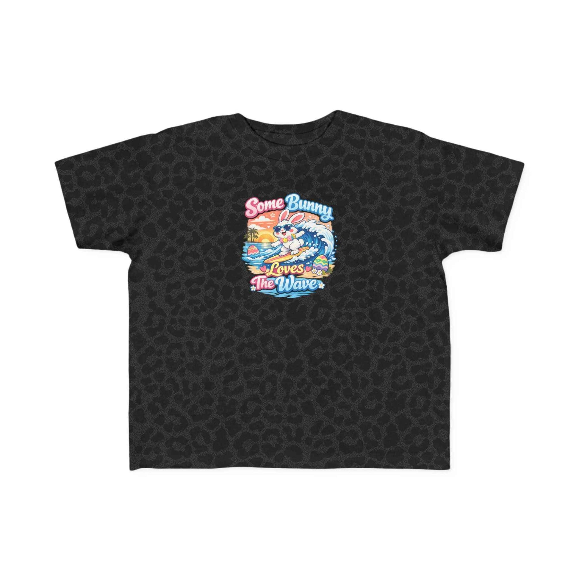 Youth girl's Easter T-shirt with surfing bunny and sunset wave design titled "Some Bunny Loves The Wave"