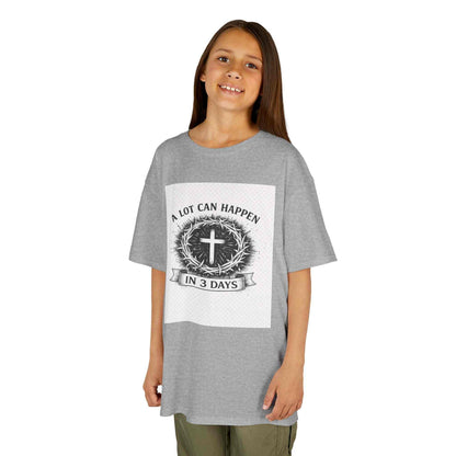 Kids tee with vintage cross and "A Lot Can Happen in 3 Days" design on soft cotton fabric