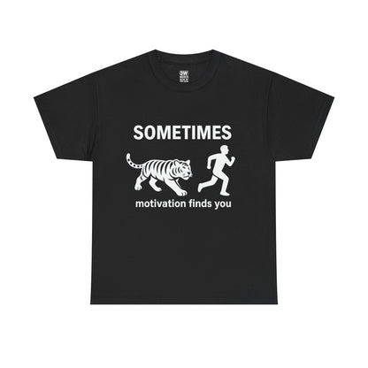 Funny Motivation T-Shirt – “Sometimes Motivation Finds You” Tiger Chase Running Tee for Fitness & Gym Lovers