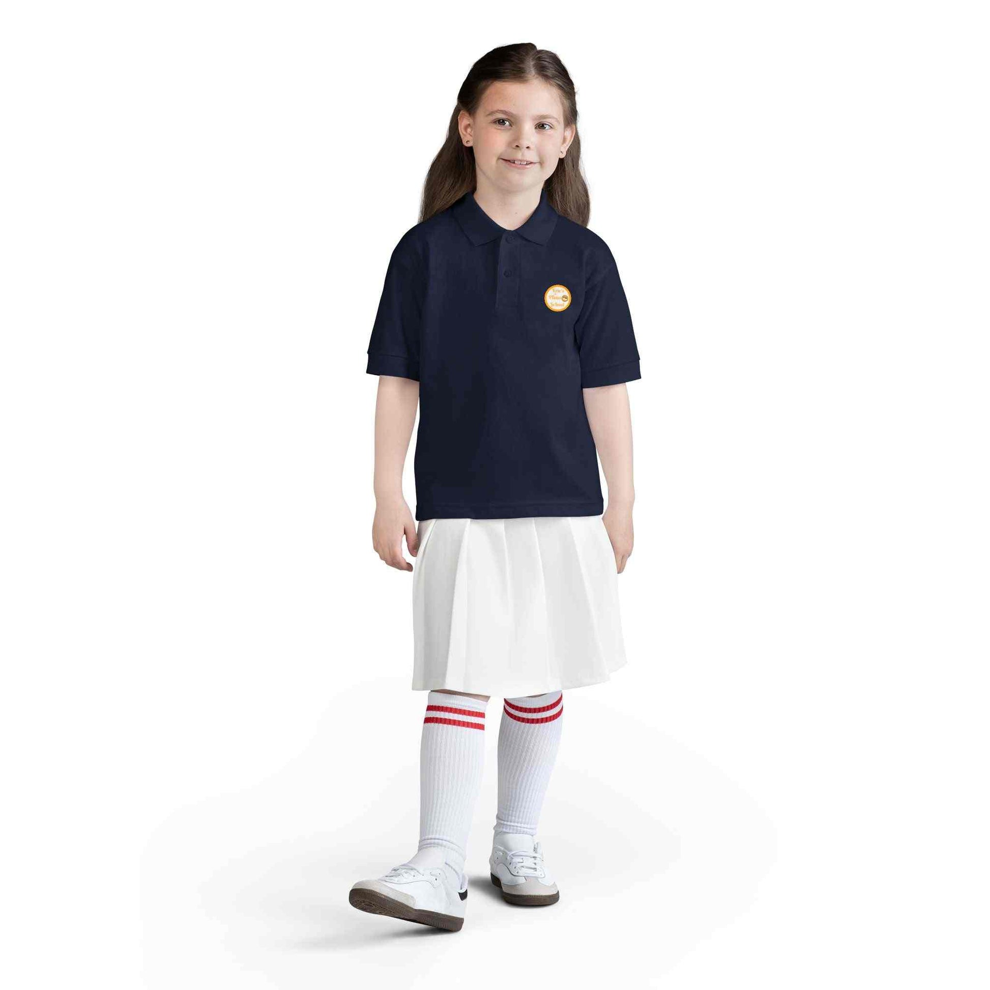 Eric's Piano School youth polo shirt in gold with logo, moisture-wicking fabric, and classic collar for kids' music lessons