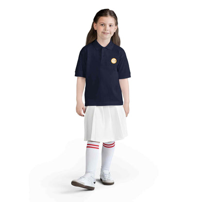 Eric's Piano School youth polo shirt in gold with logo, moisture-wicking fabric, and classic collar for kids' music lessons