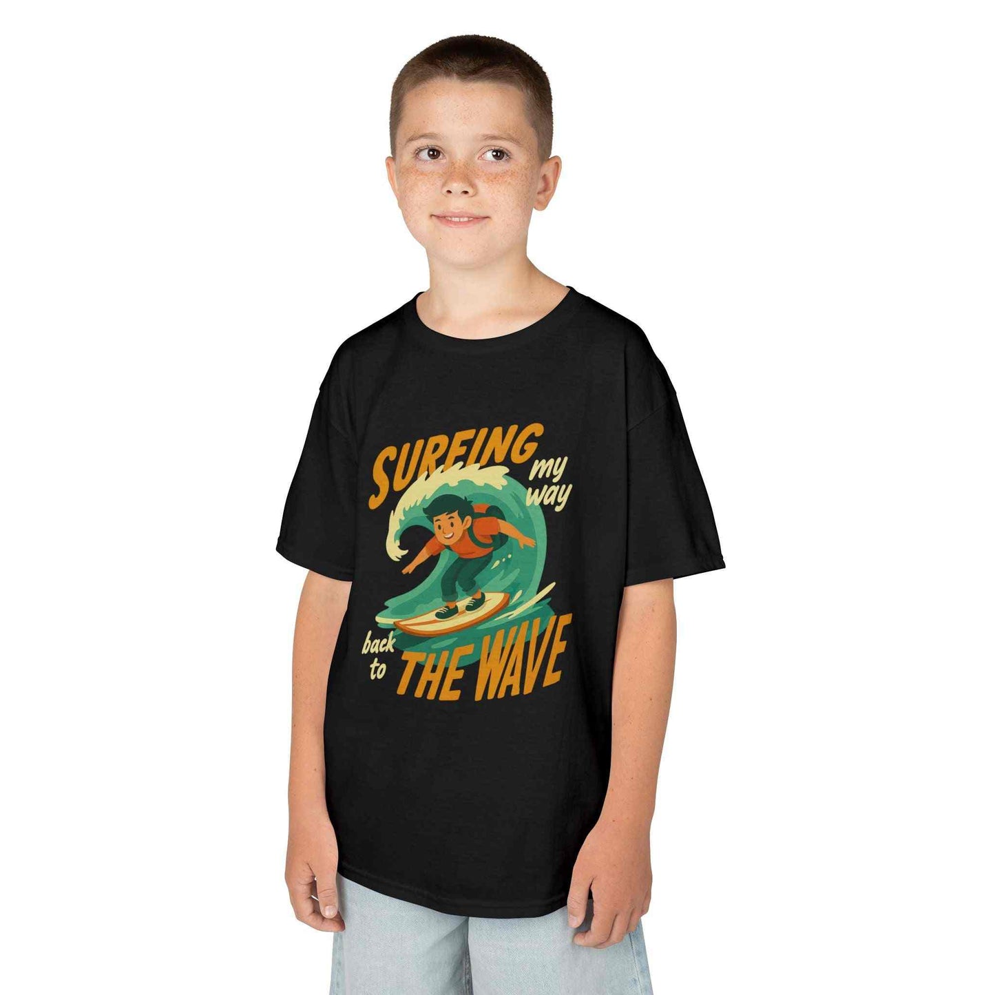 Kids Surfing The Wave T-shirt with retro surfer graphic in bold colors, unisex summer beachwear for boys and girls