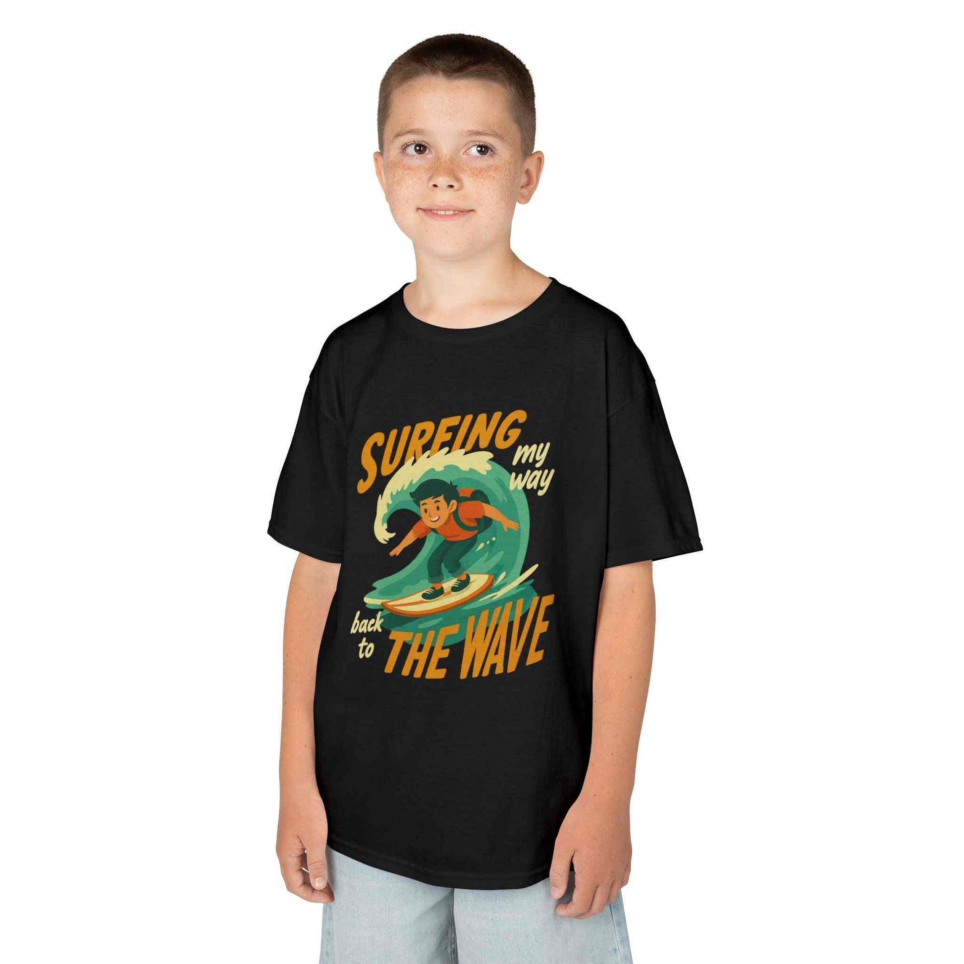 Kids Surfing The Wave T-shirt with retro surfer graphic in bold colors, unisex summer beachwear for boys and girls