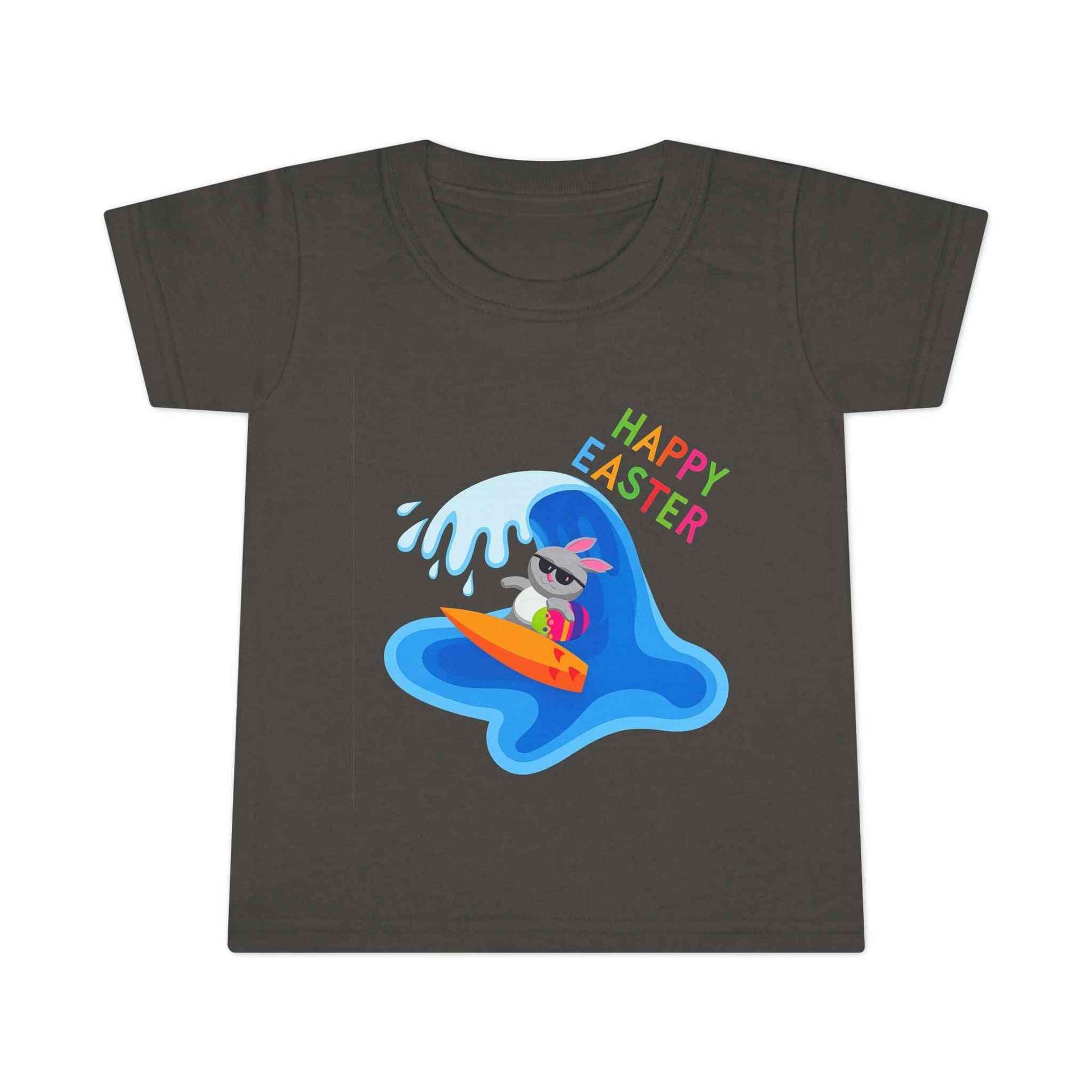 Toddler Happy Easter Surf Bunny Shirt with beach and bunny graphic on blue tee