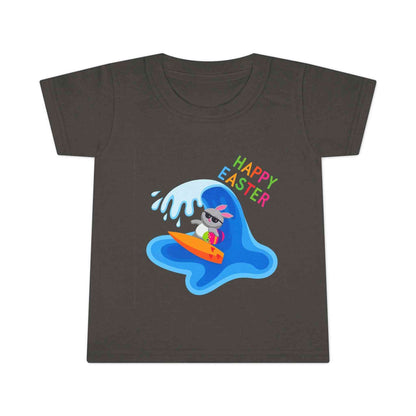Toddler Happy Easter Surf Bunny Shirt with beach and bunny graphic on blue tee