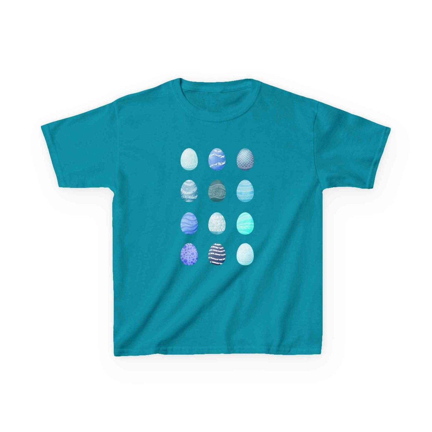 Kids tee with blue watercolor egg pattern on white cotton fabric