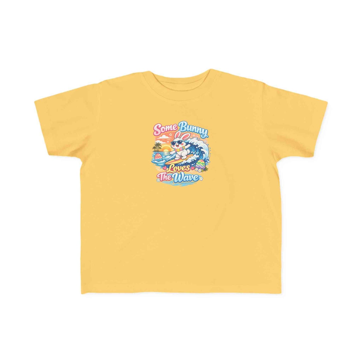 Some Bunny Loves The Wave Easter T-shirt with surfing bunny and pastel eggs on sunset wave background.