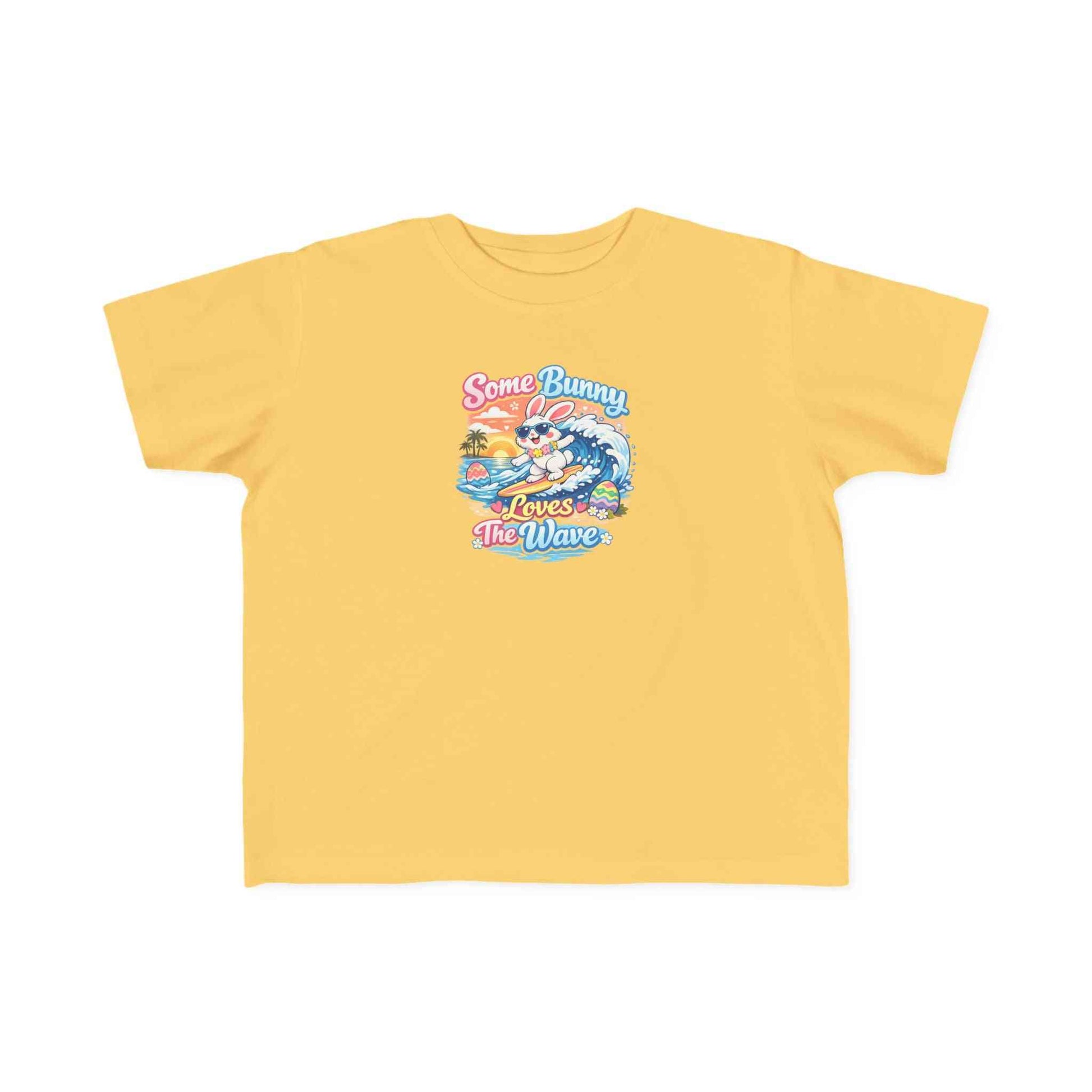 Some Bunny Loves The Wave Easter T-shirt with surfing bunny and pastel eggs on sunset wave background.