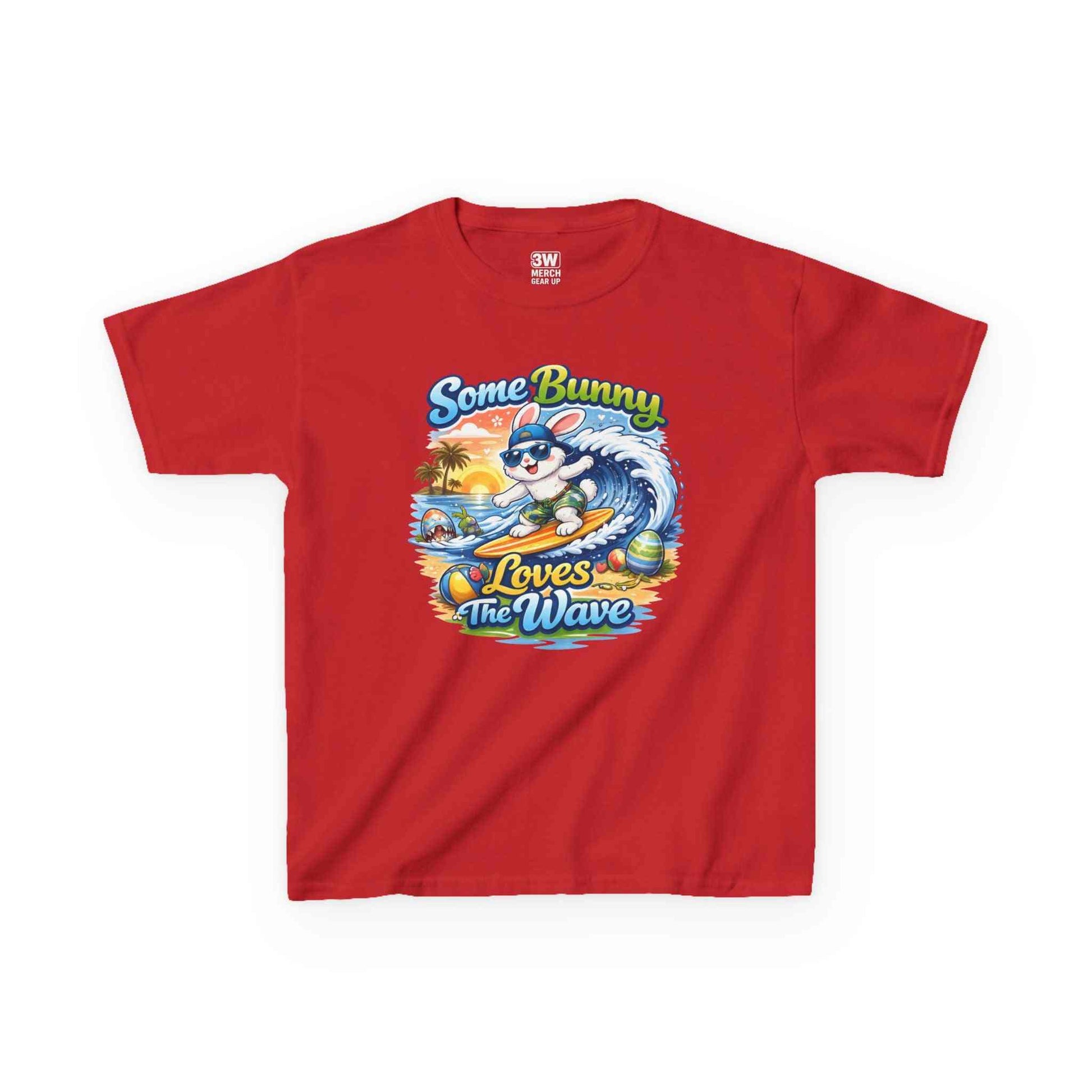 Youth boy’s Easter t-shirt with surfing bunny and pastel eggs, "Some Bunny Loves The Wave" design.
