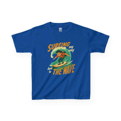 Surfing The Wave Kids T-Shirt with retro surfer graphic and vibrant colors for boys and girls summer beach style