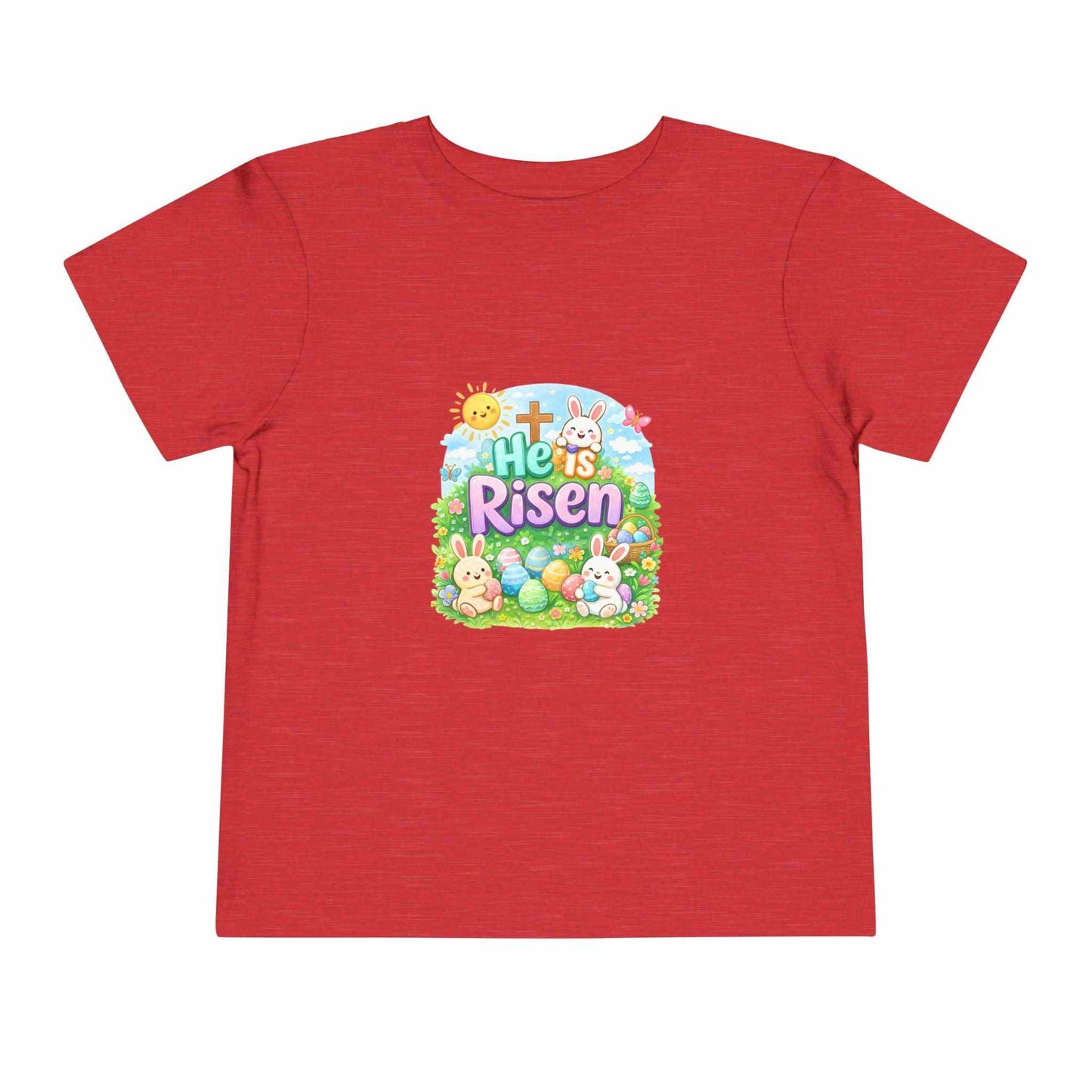 He Is Risen toddler tee with Easter bunny and cross design for kids