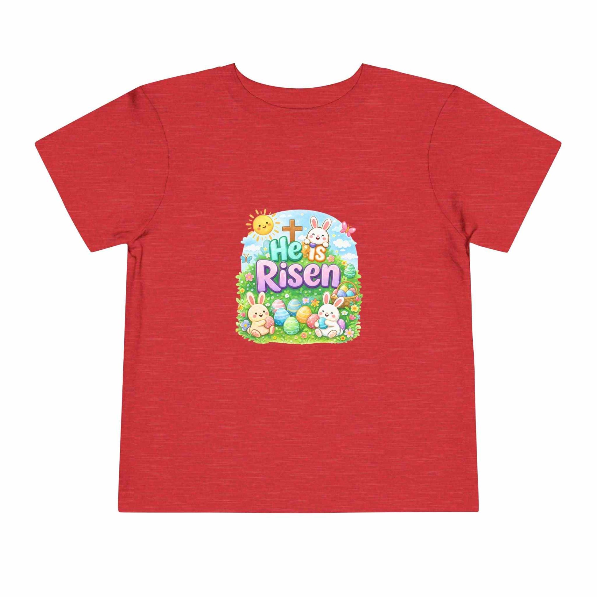 He Is Risen toddler tee with Easter bunny and cross design for kids